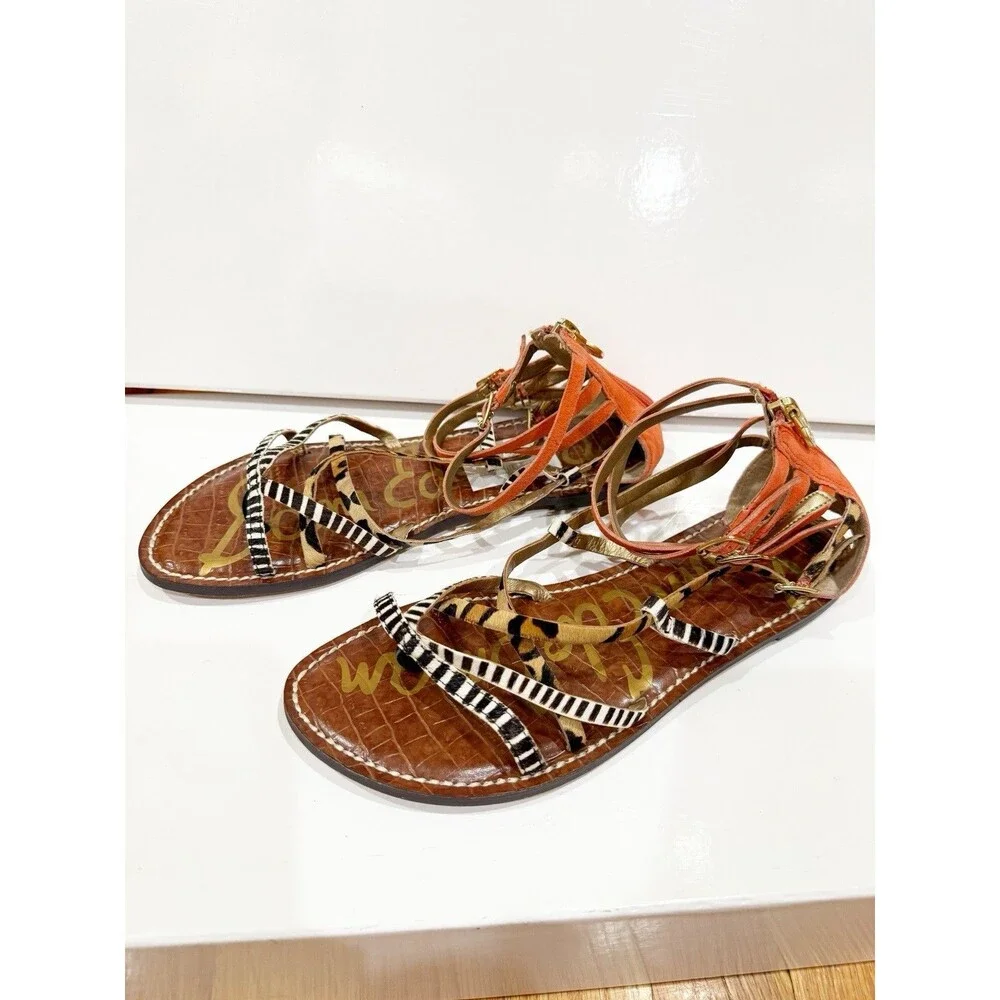 Sam Edelman Gable Women Animal Print Strappy Thong Sandals Size 8.5 M Orange EUC